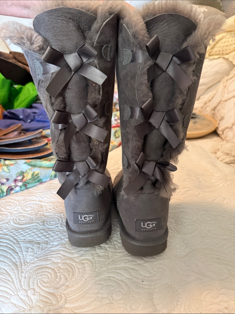 UGG Women's Charcoal Gray Suede Bow-Back Tall Boots